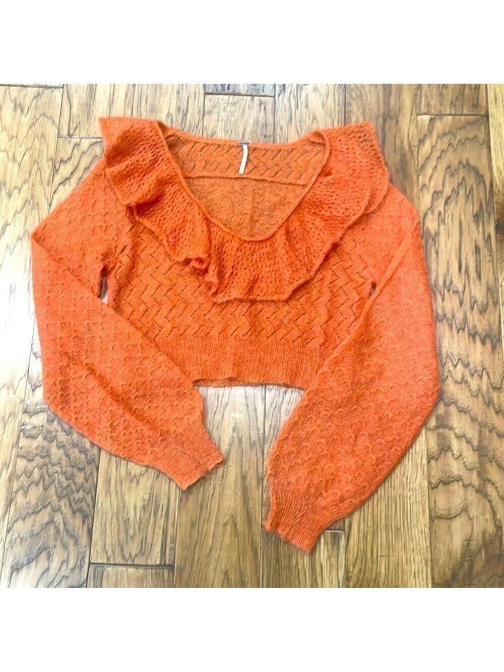 Free People Macaroon Ruffled Neck Mohair Wool Sweater Burnt Orange Ruffle size L - Picture 6 of 9